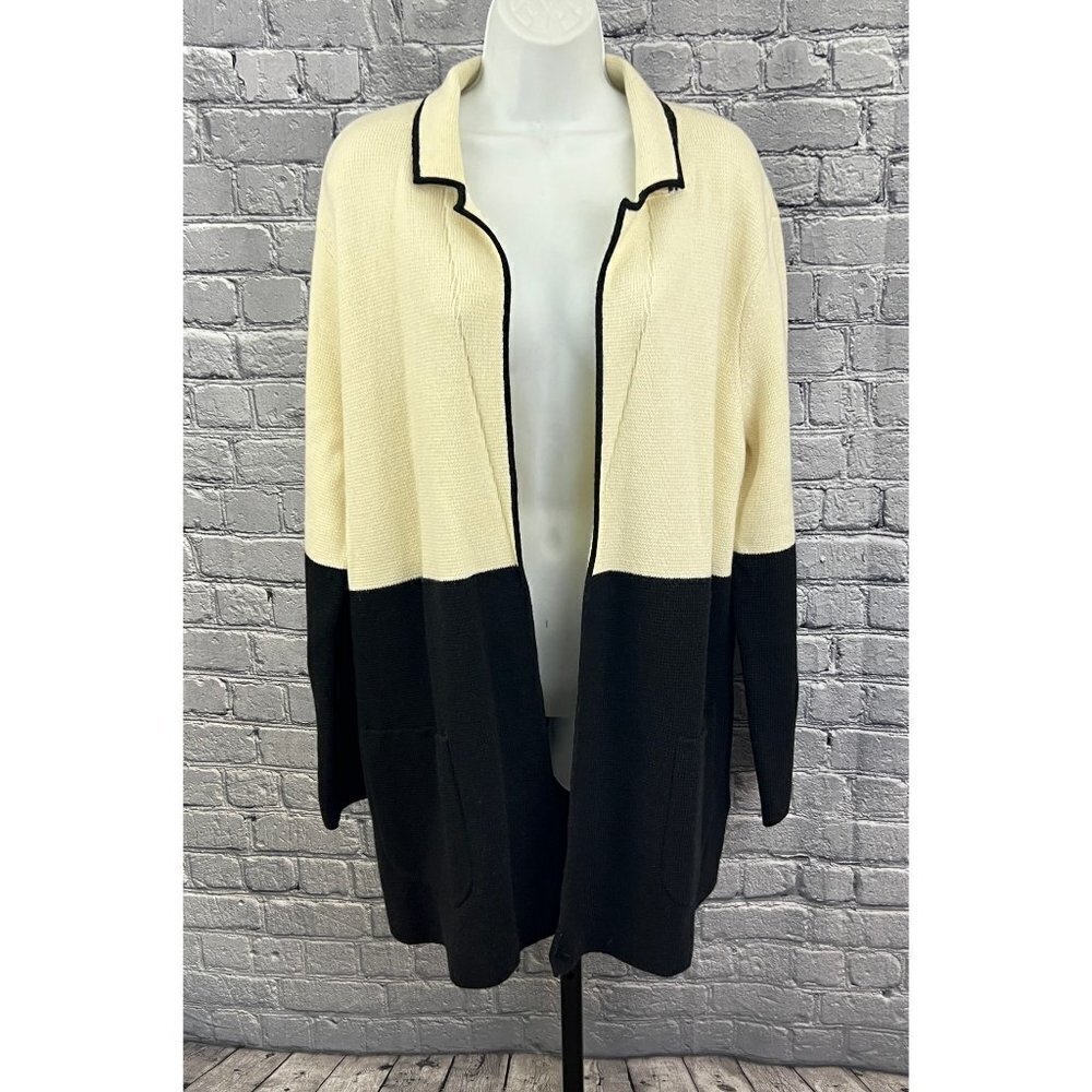 Talbots Women's Colorblock Cardigan Sweater Black Beige Wool Pockets Size L